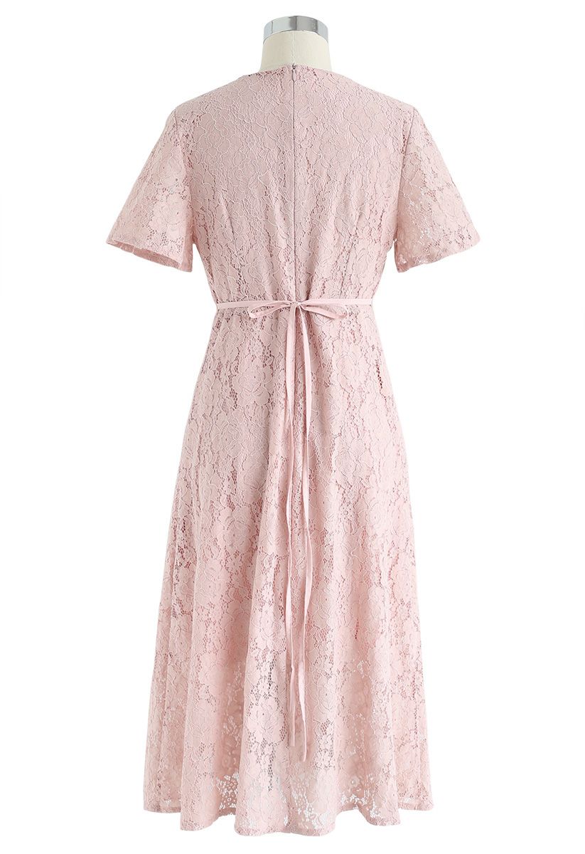 Pensez à moi Full Lace Midi Dress in Pink