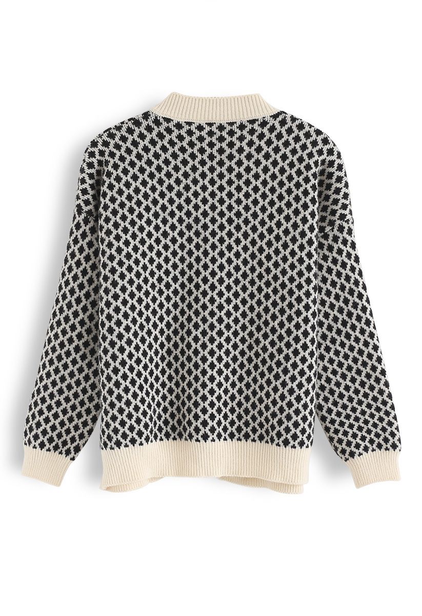 Cardigan boutonné en tricot à motif de losanges contrastés