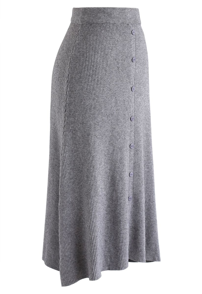 Jupe mi-longue en tricot côtelé à bordure boutonnée en gris