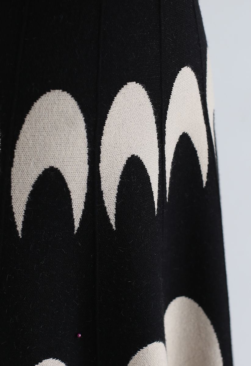 Jupe mi-longue trapèze en tricot à motif de lune en noir