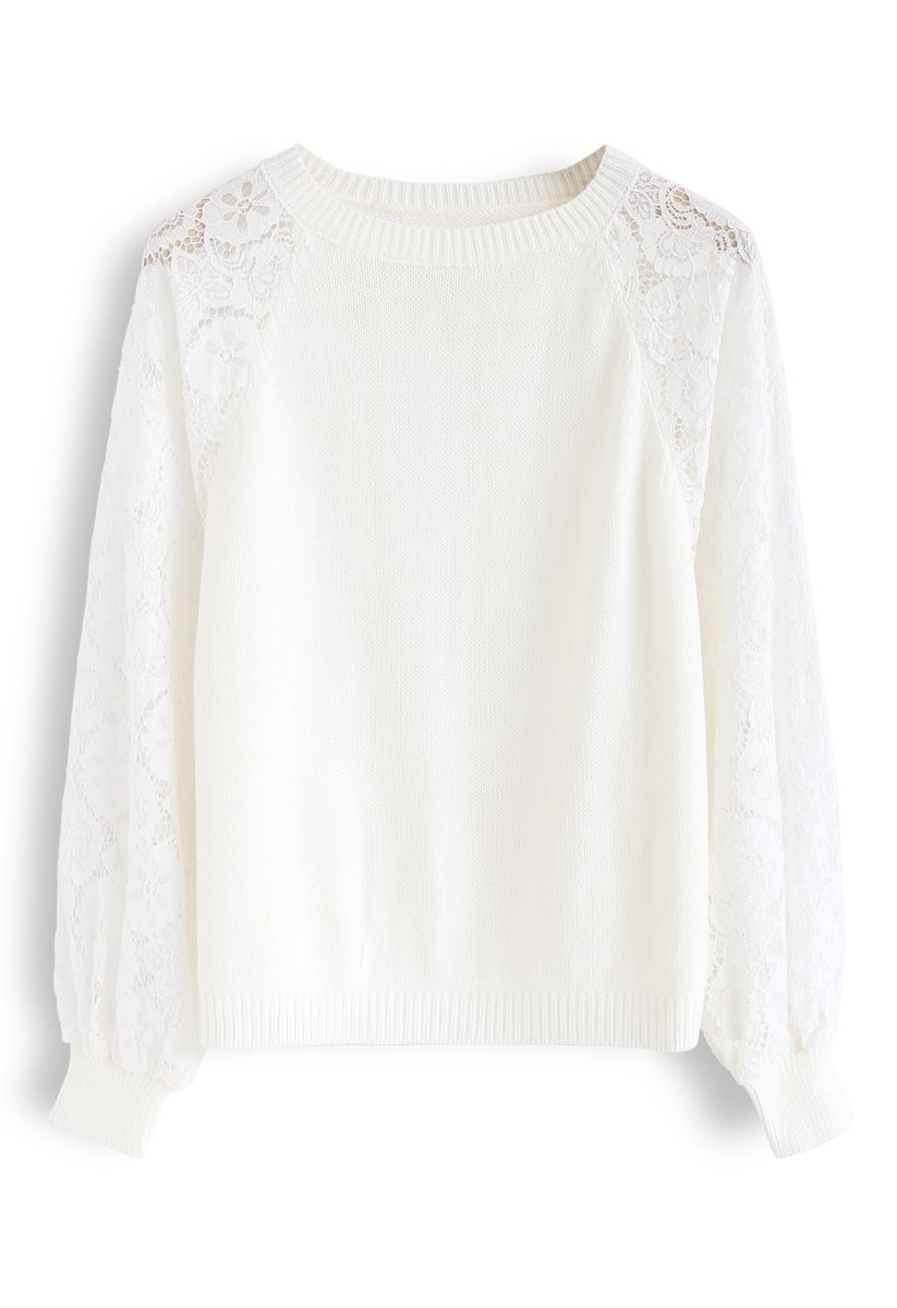 Pull en tricot à manches en dentelle florale en blanc