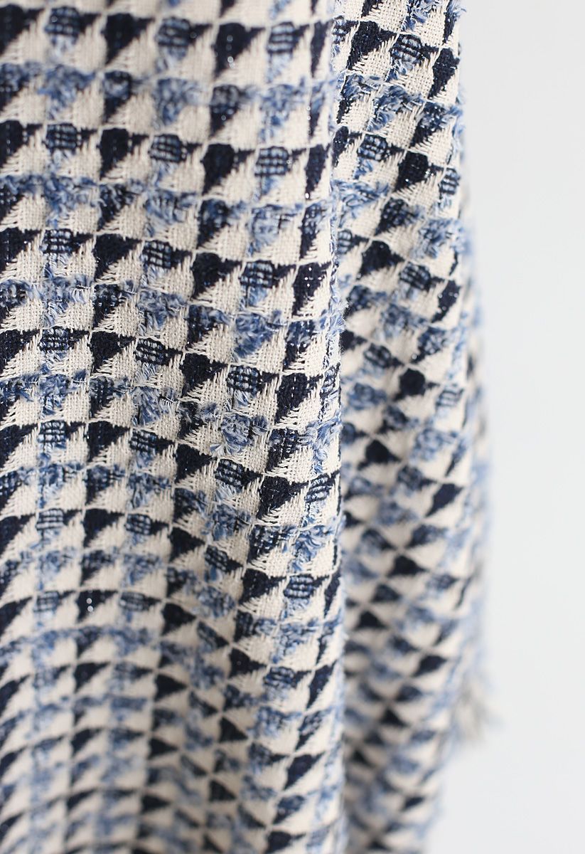 Jupe asymétrique en tweed texturé à ourlet à pampilles en bleu marine