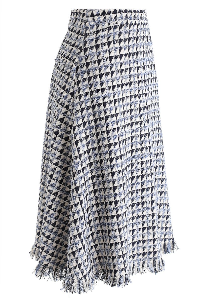 Jupe asymétrique en tweed texturé à ourlet à pampilles en bleu marine