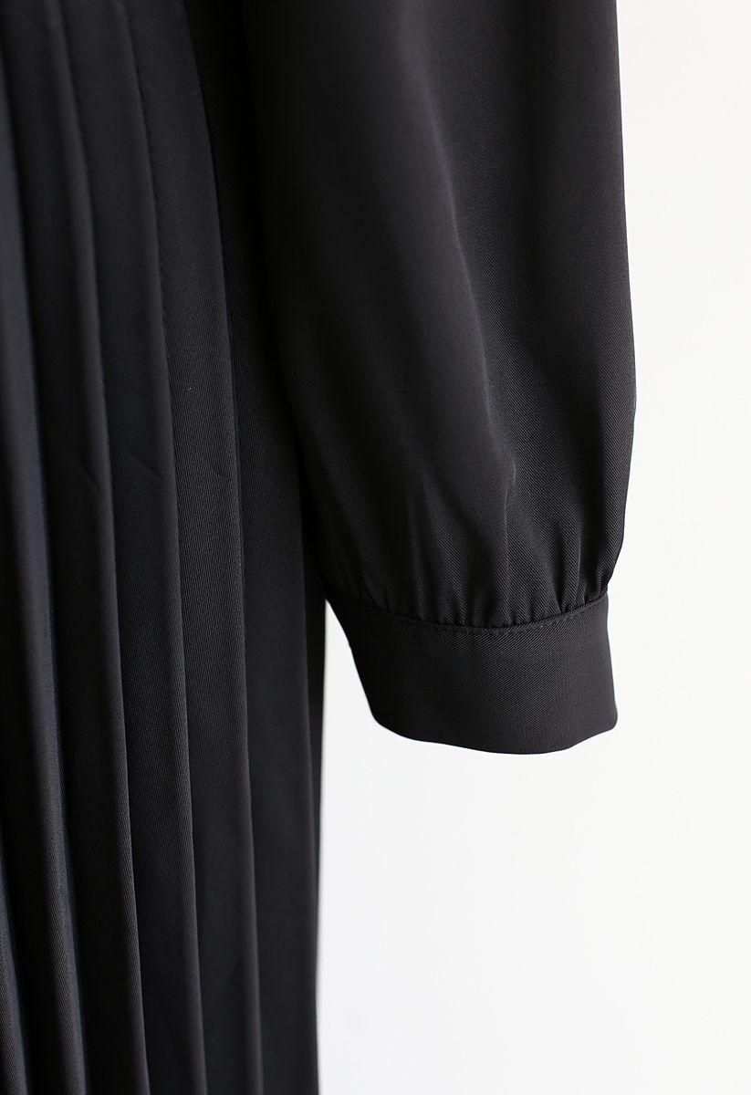 Robe Mi-Longue Plissée Bowknot Auto-Nouée en Noir