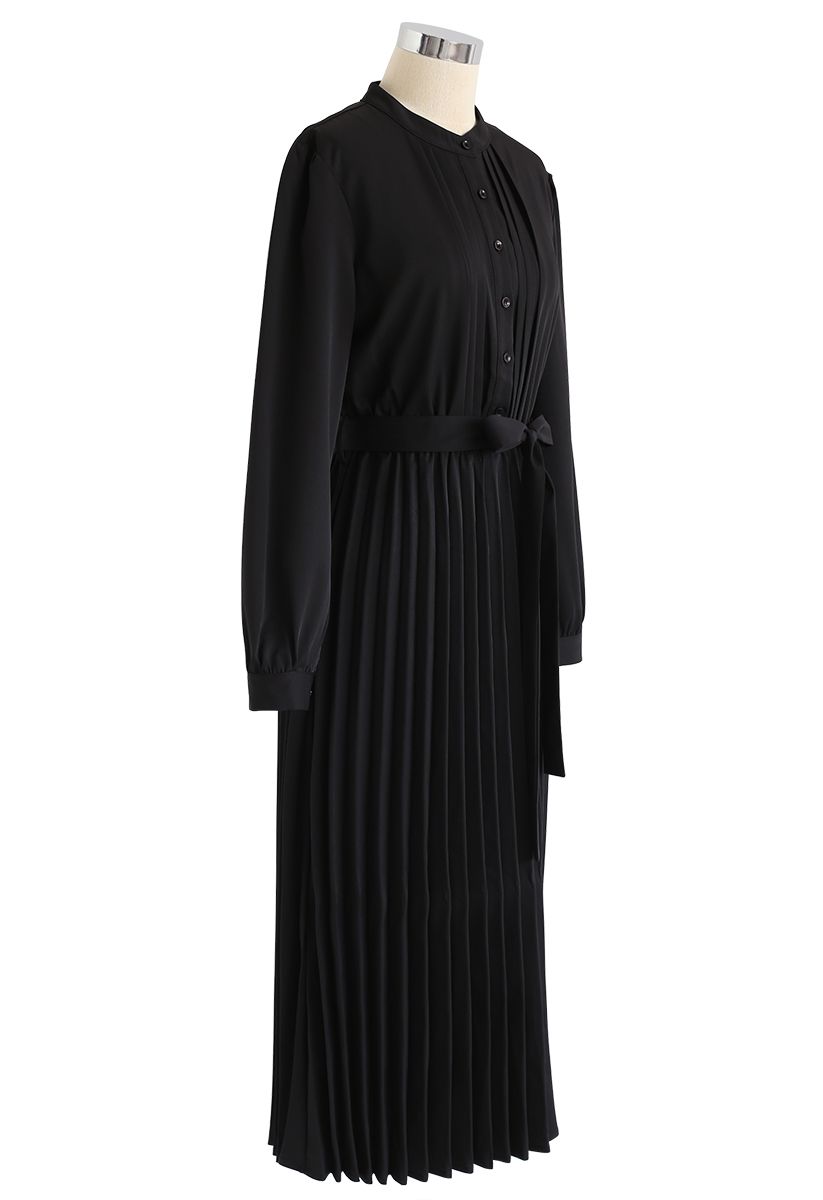 Robe Mi-Longue Plissée Bowknot Auto-Nouée en Noir