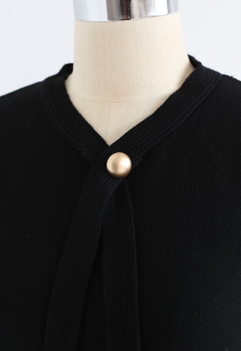 Robe mi-longue en maille plissée à cordon de serrage et manches bouffantes en noir