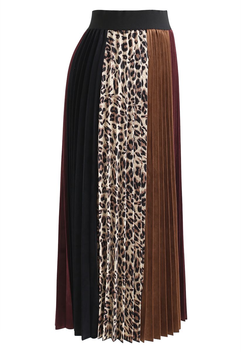 Jupe mi-longue plissée en velours à détail léopard