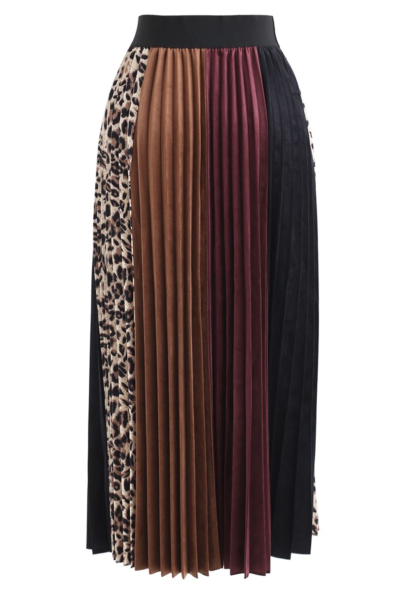 Jupe mi-longue plissée en velours à détail léopard