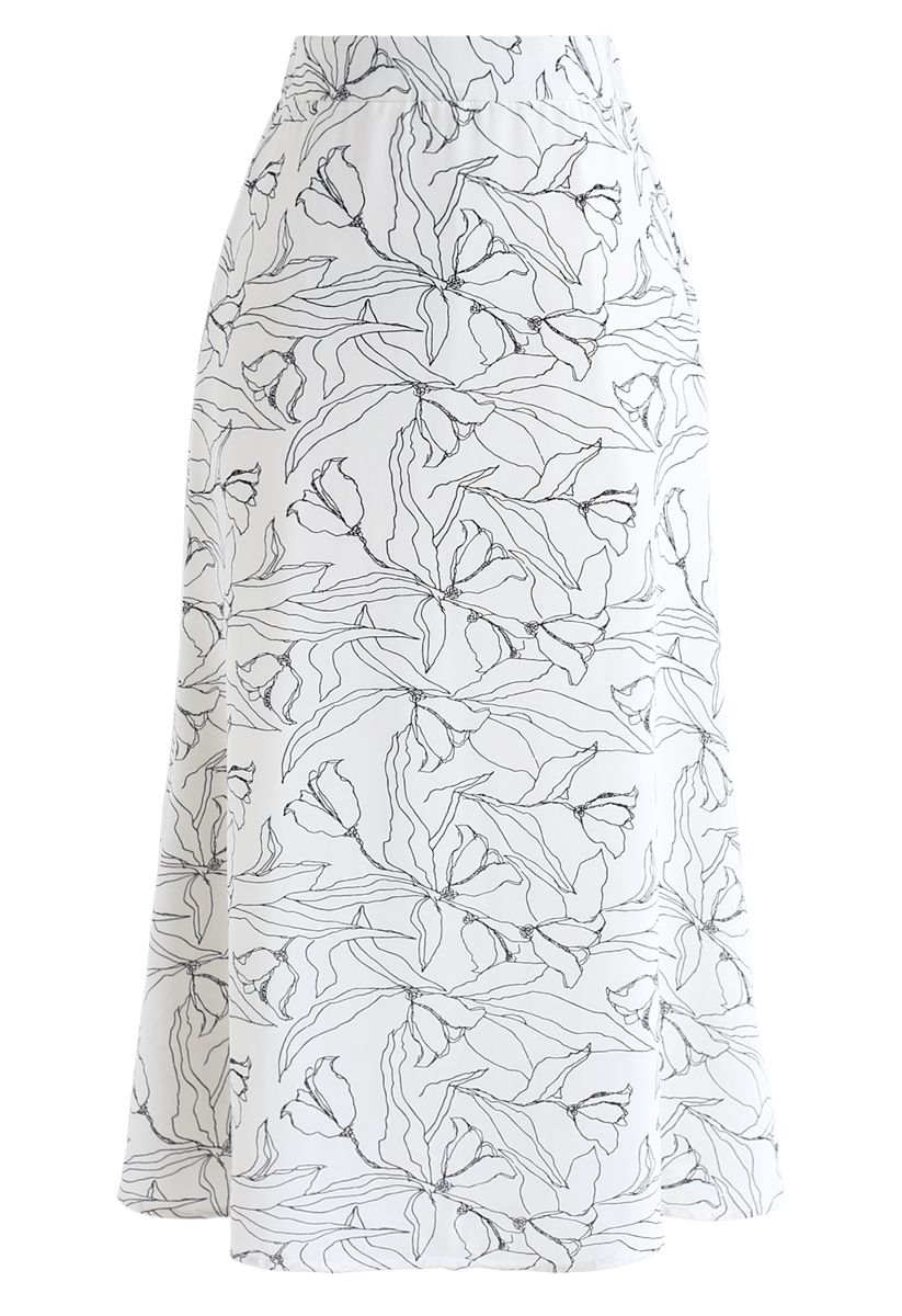 Jupe mi-longue à imprimé floral abstrait en blanc