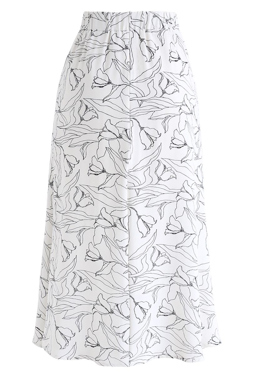 Jupe mi-longue à imprimé floral abstrait en blanc