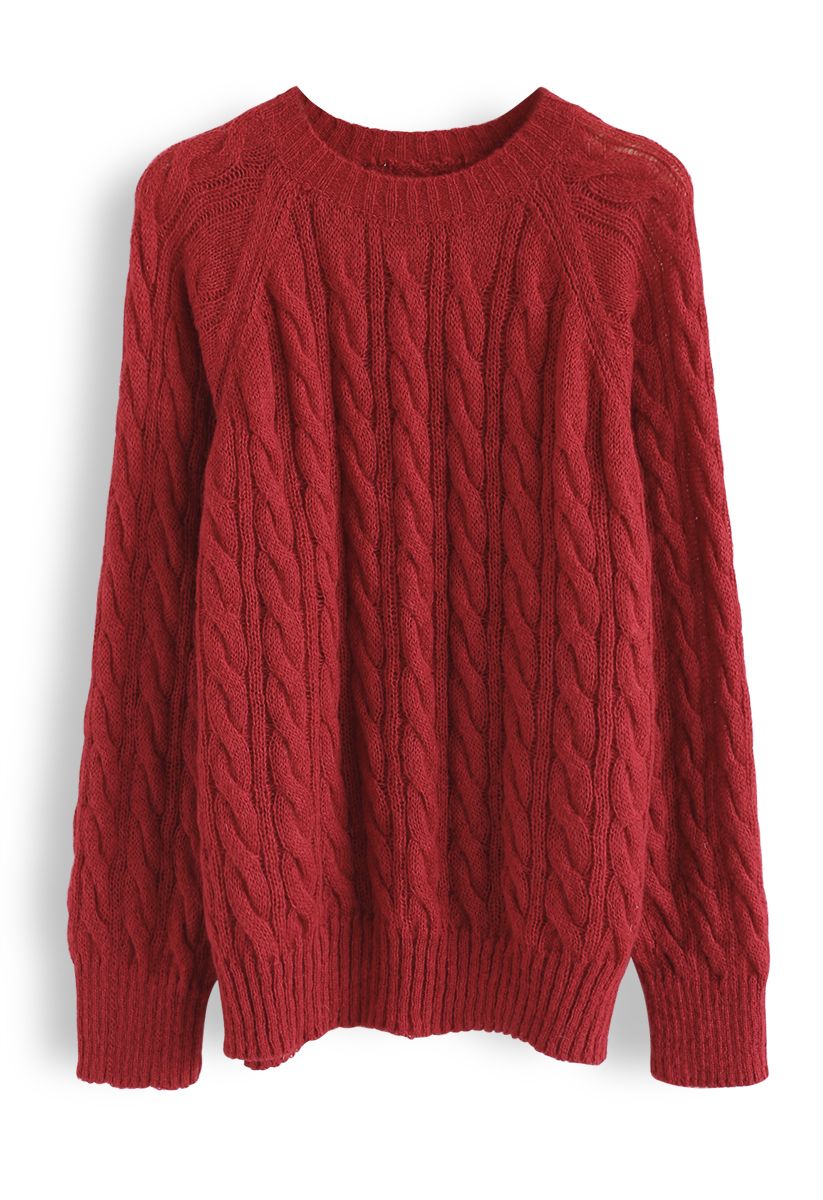 Pull moelleux en tricot torsadé à col rond en rouge