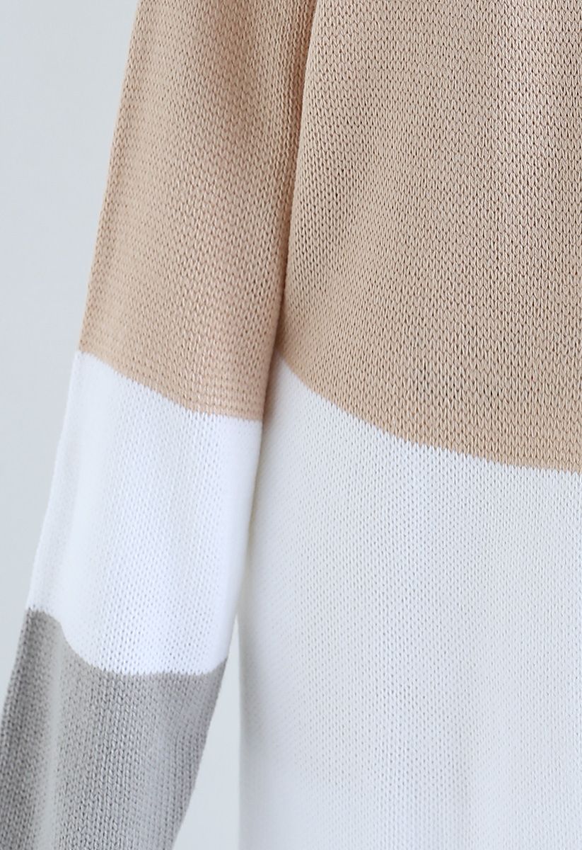 Cardigan en tricot long à blocs de couleur en fauve clair