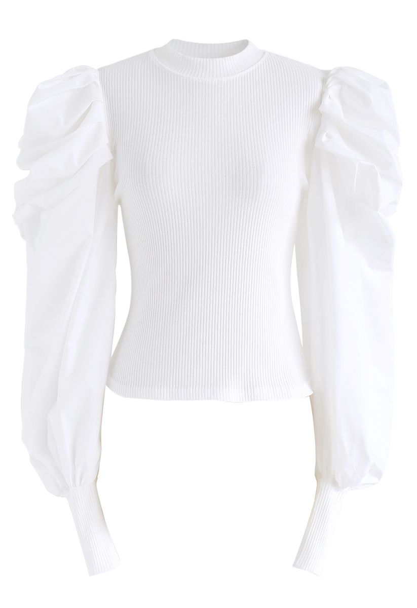Dramatic Bubble-Sleeves Knit Top en Blanc
