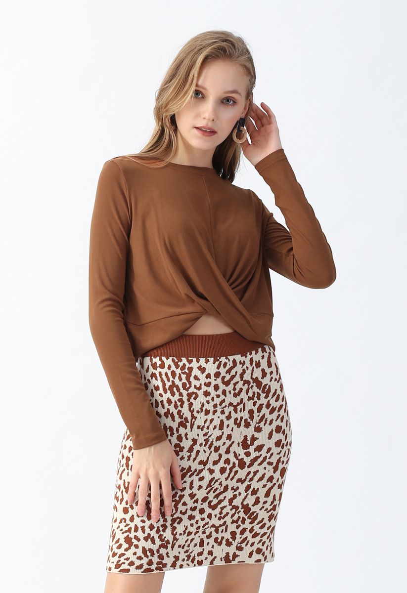 Mini jupe en tricot à imprimé léopard en caramel