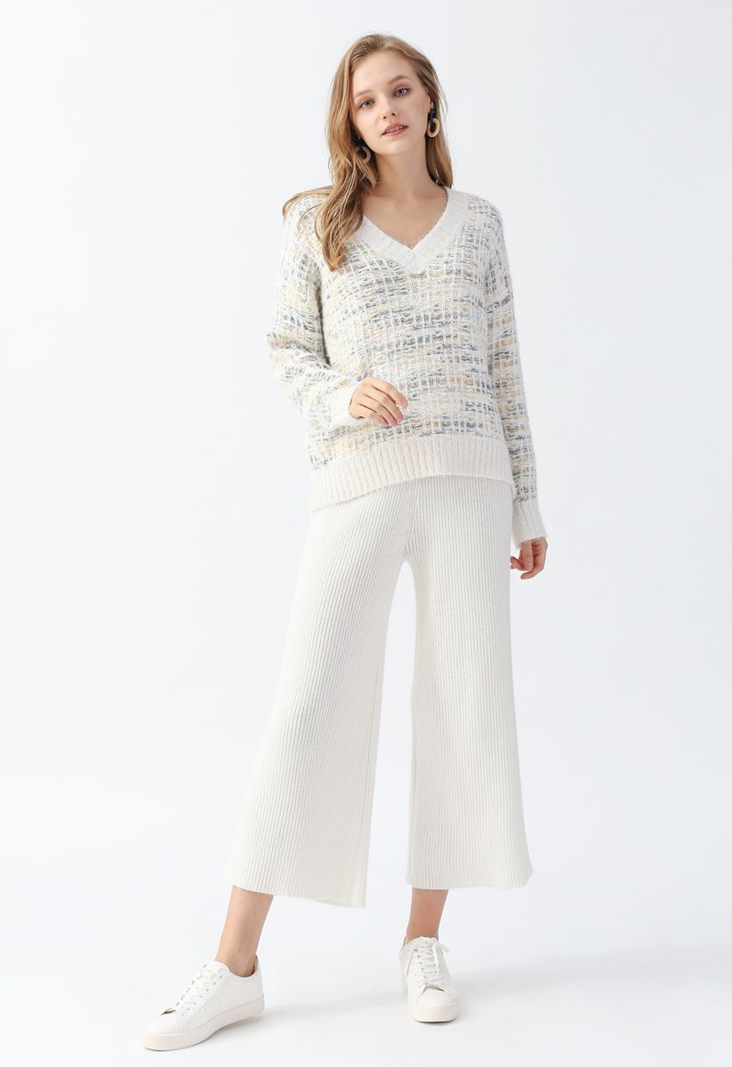 Pantalon en tricot à jambe large et taille haute en blanc