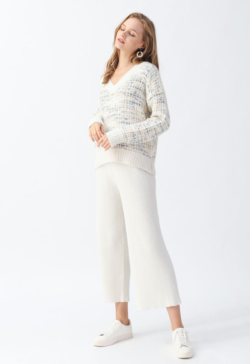 Pantalon en tricot à jambe large et taille haute en blanc