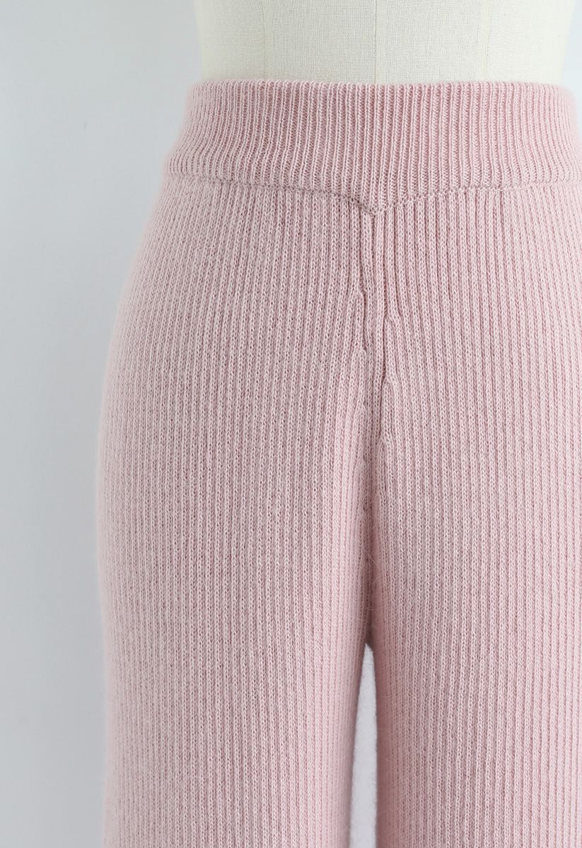 Pantalon en tricot à jambe large et taille haute en rose