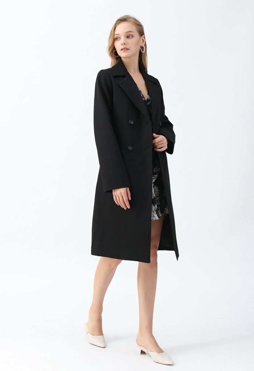 Manteau texturé à double boutonnage avec ceinture en noir