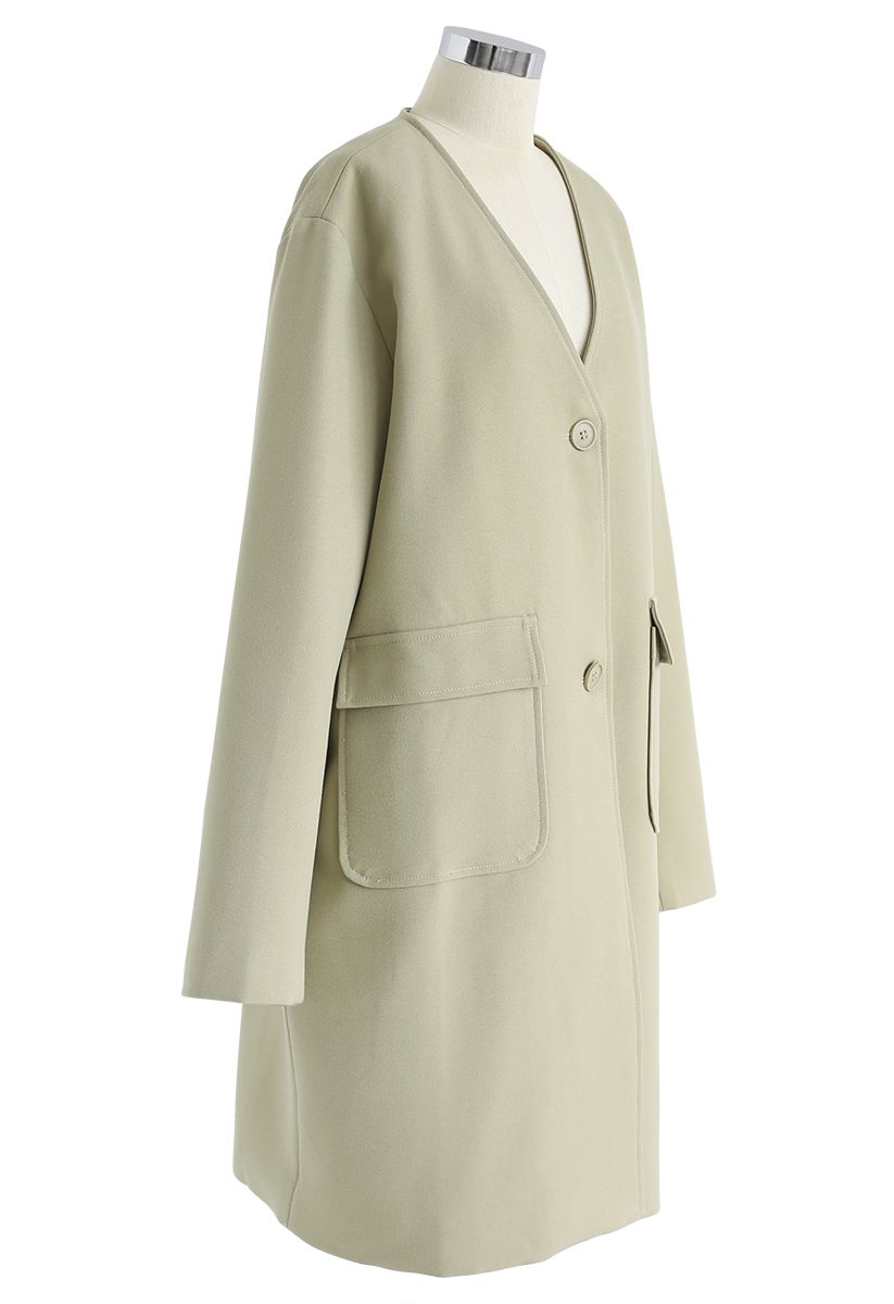 Manteau long avec poches à encolure en V en vert mousse