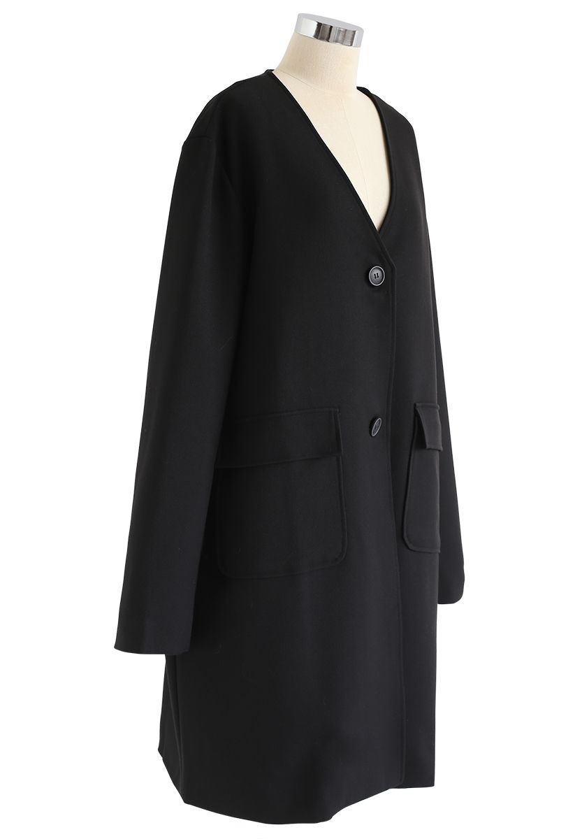 Manteau long avec poches à col en V en noir