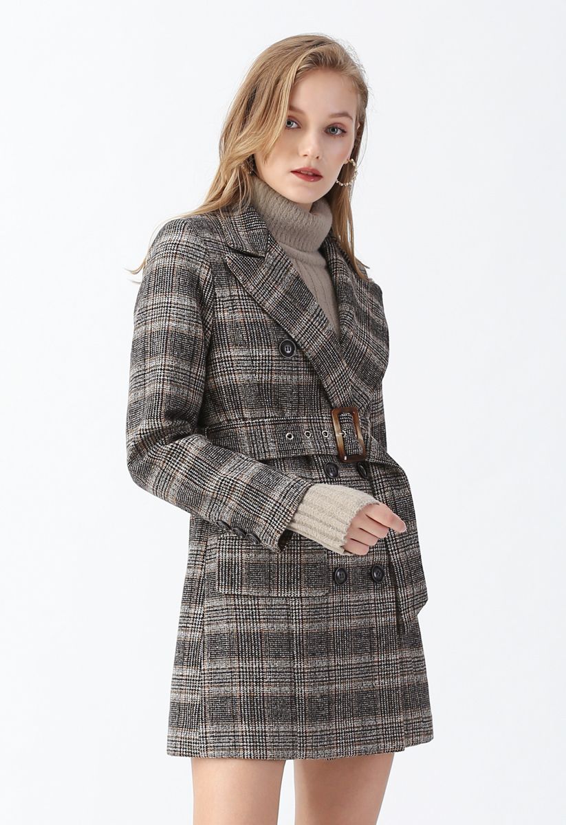 Manteau croisé en laine mélangée à carreaux en marron