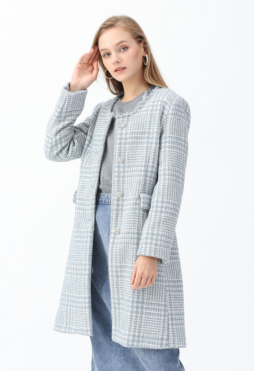 Manteau sans col en laine mélangée pied-de-poule en bleu