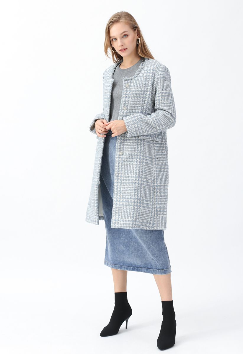 Manteau sans col en laine mélangée pied-de-poule en bleu