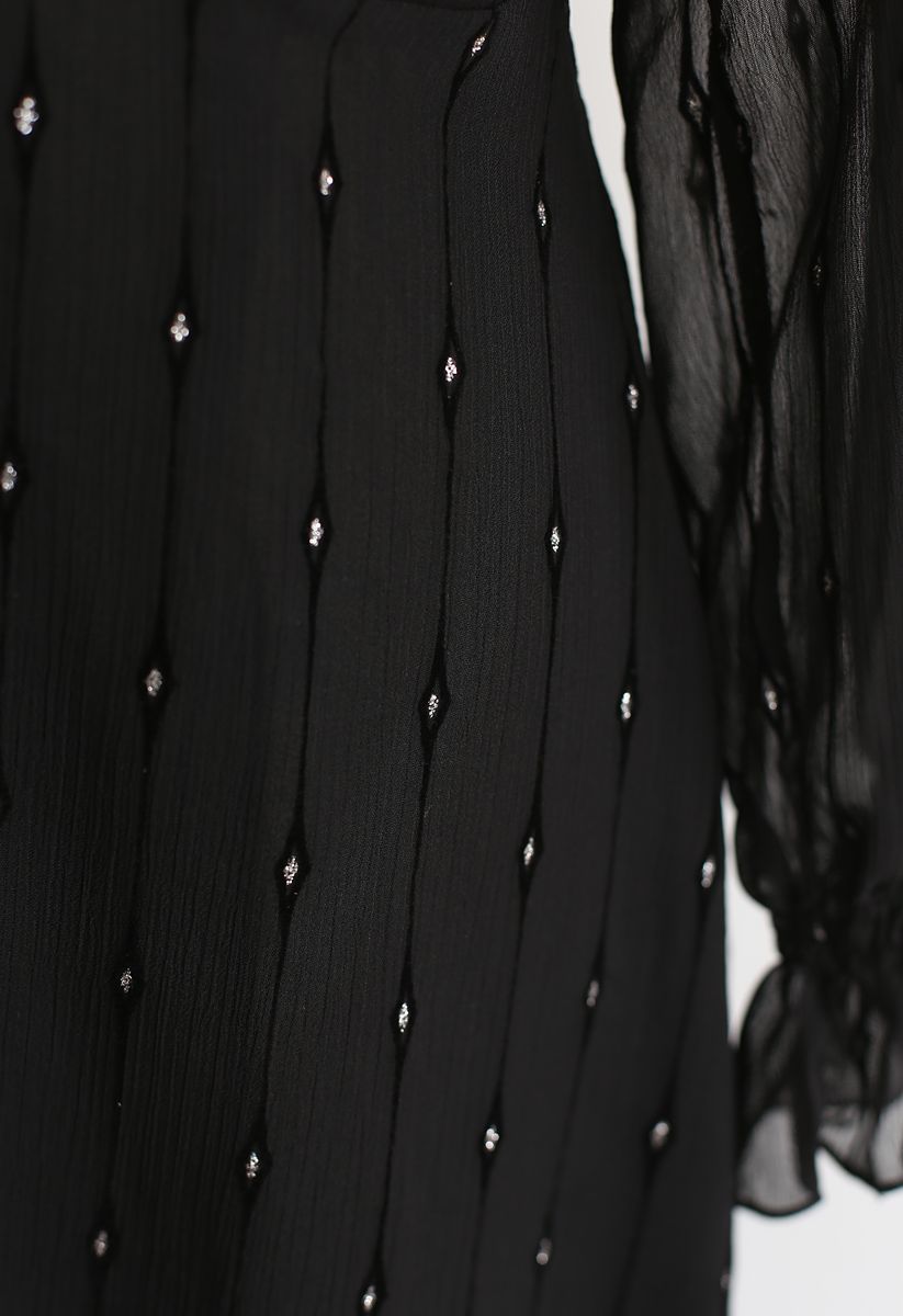 Robe longue portefeuille à pois brillants en noir