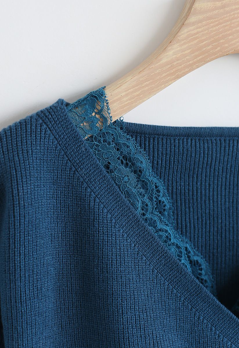 Haut cache-cœur en tricot côtelé Lacy en bleu sarcelle