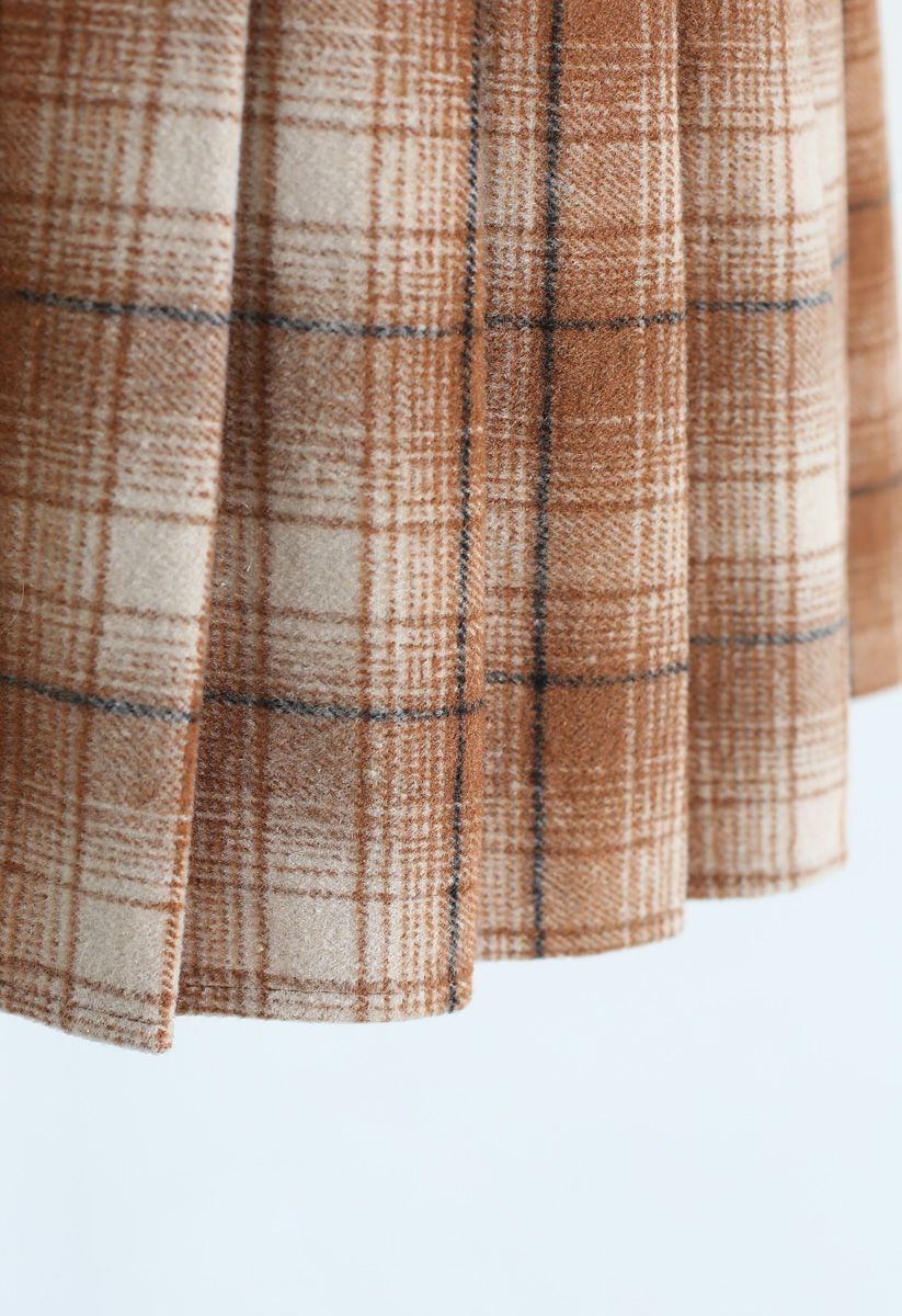 Mini-jupe plissée à carreaux en mélange de laine fauve