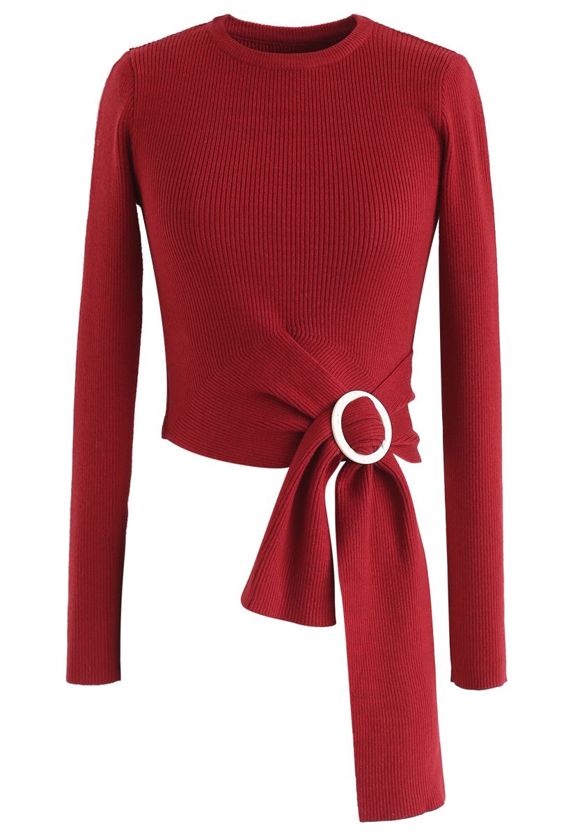 Crop Top ajusté en tricot avec nœud en O-Ring en rouge