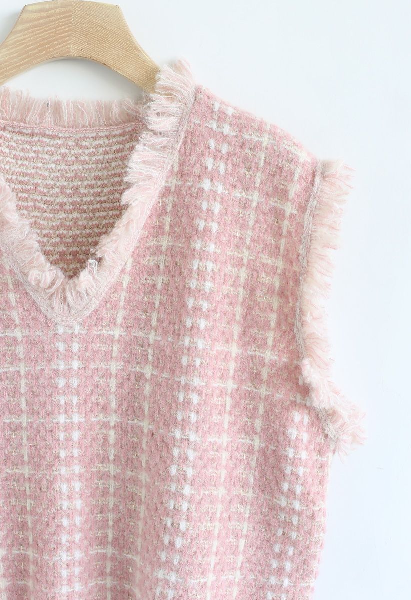 Gilet en tricot à bords bruts Basic Texture en rose
