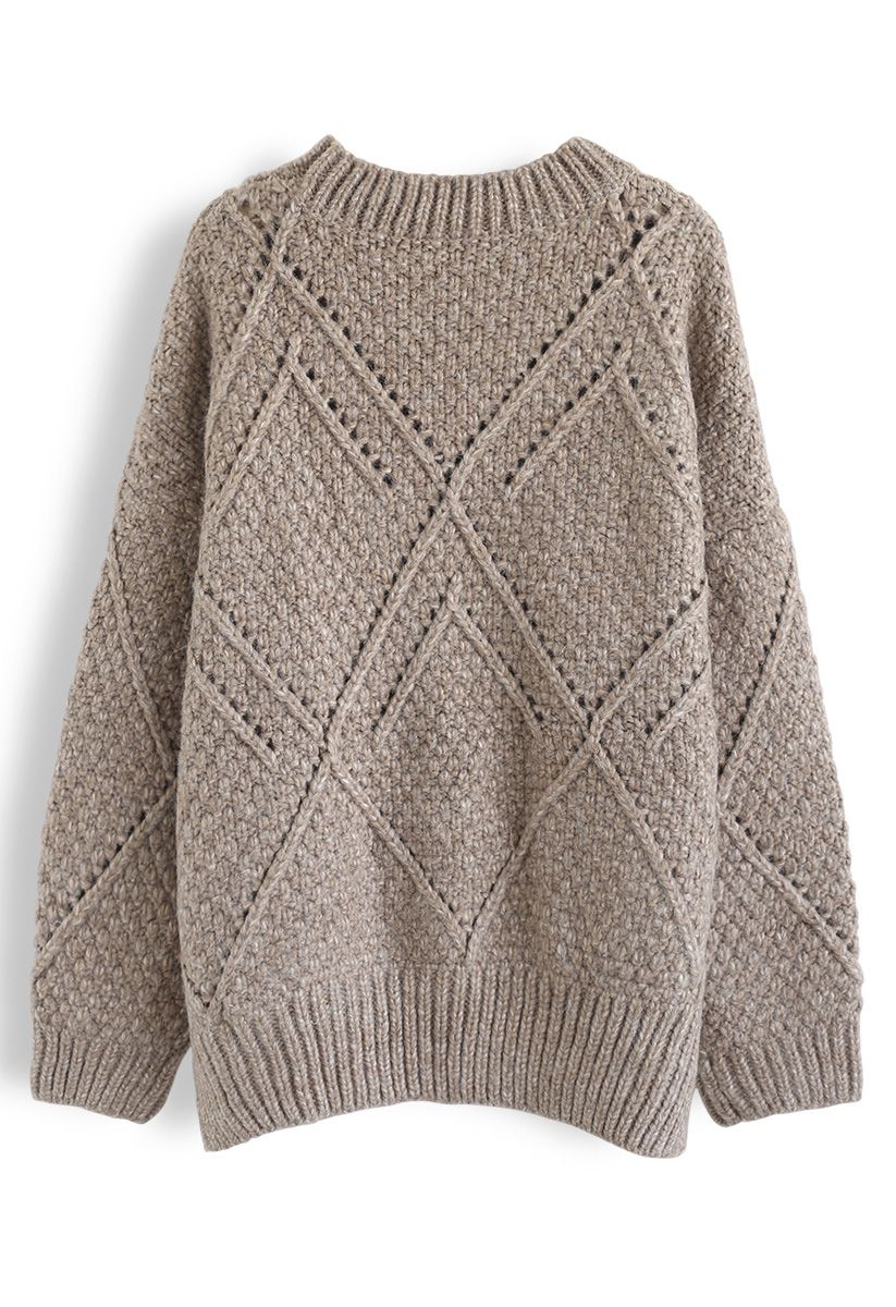 Pull oversize en maille Diamond Hollow Out en taupe