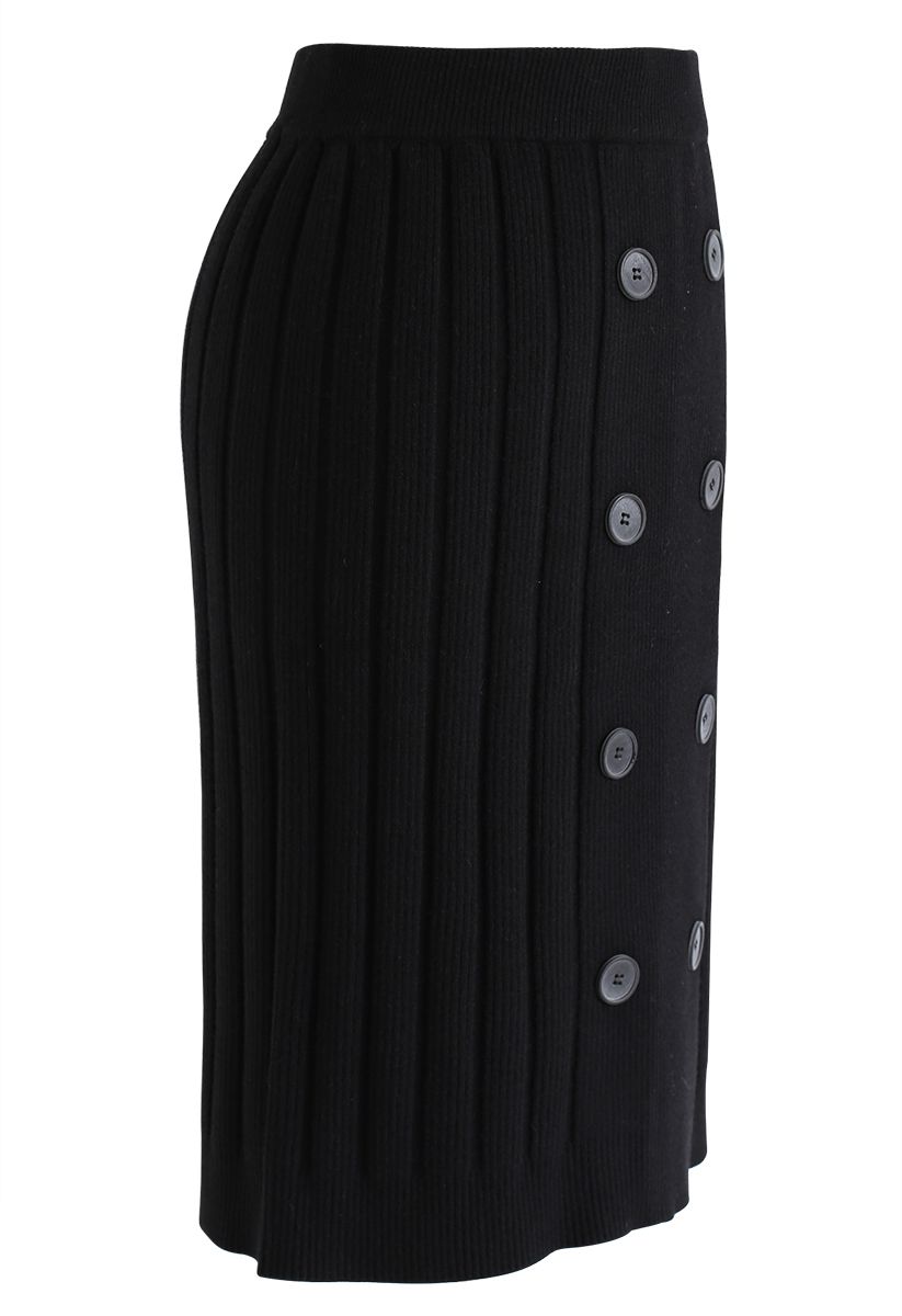 Jupe crayon boutonnée en tricot côtelé en noir