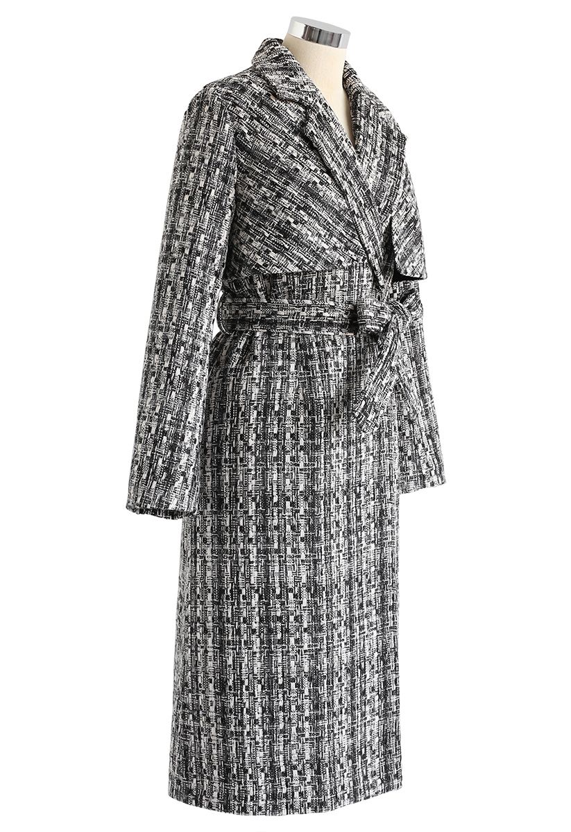 Manteau long boutonné en tweed avec ceinture