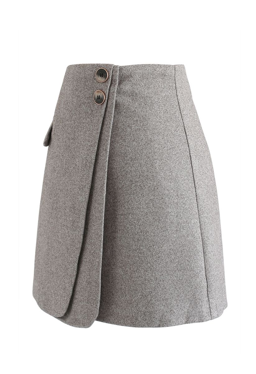 Mini-jupe en laine mélangée à double rabat en gris