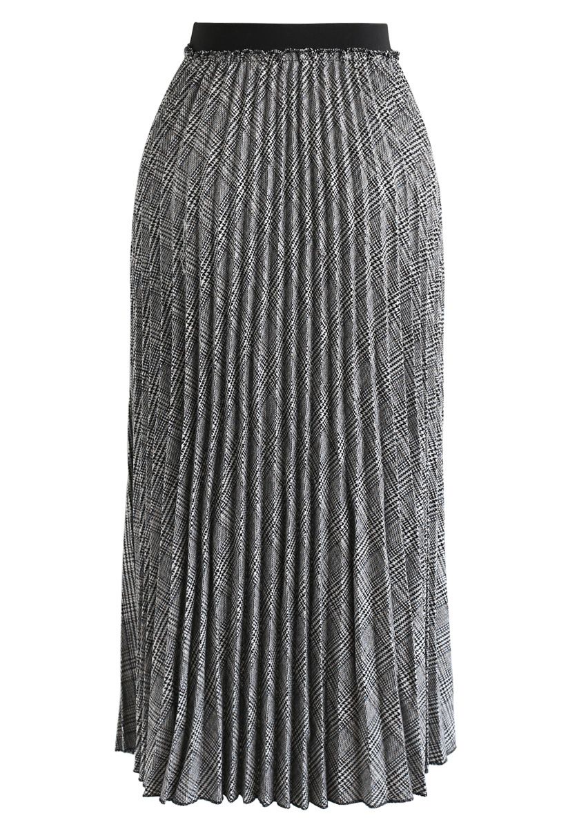Jupe mi-longue plissée à carreaux en gris
