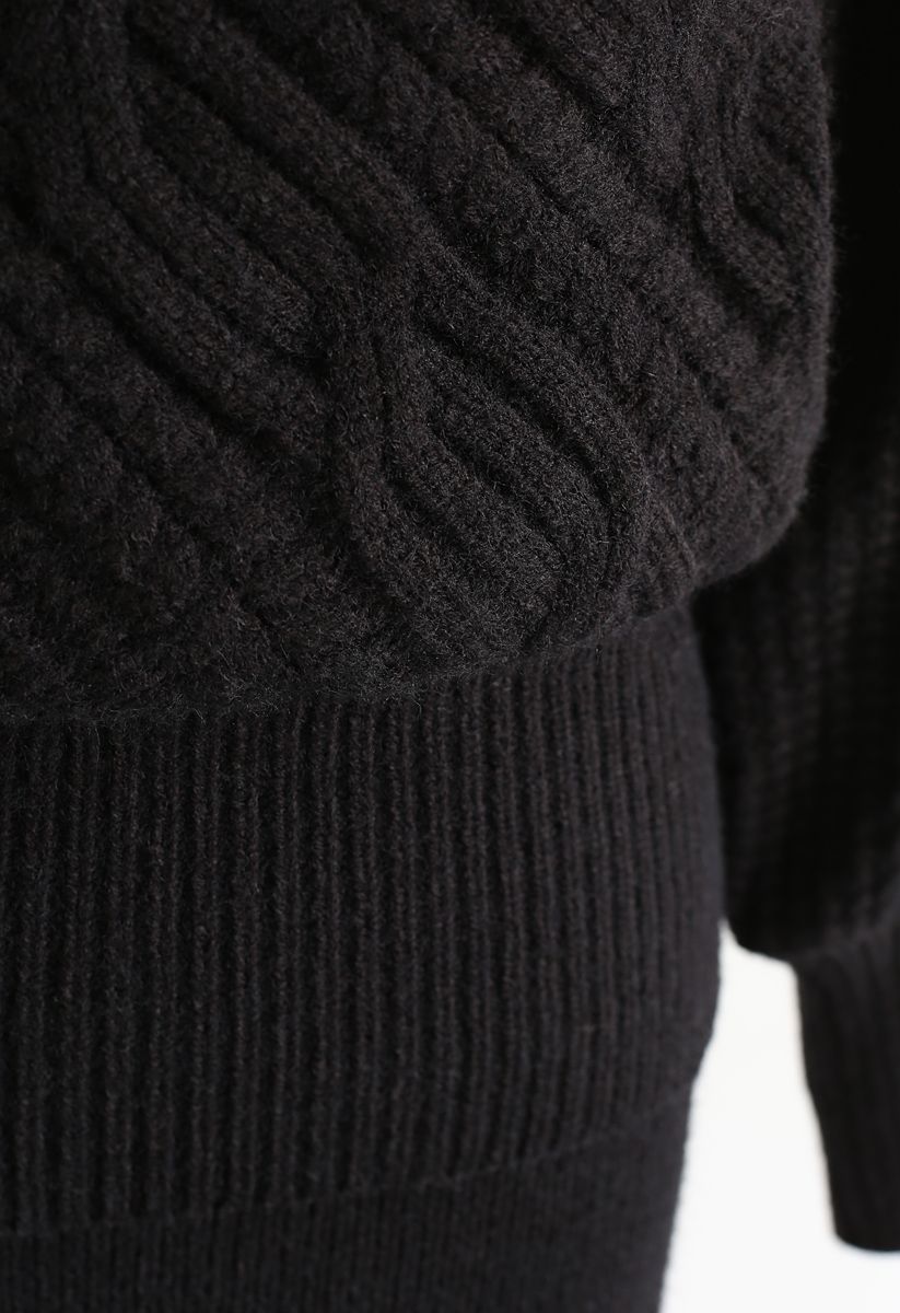 Ensemble pull et jupe en tricot à texture tressée moelleuse en noir