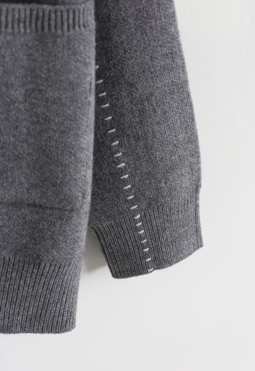 Cardigan en tricot boutonné à col en V avec poche en gris