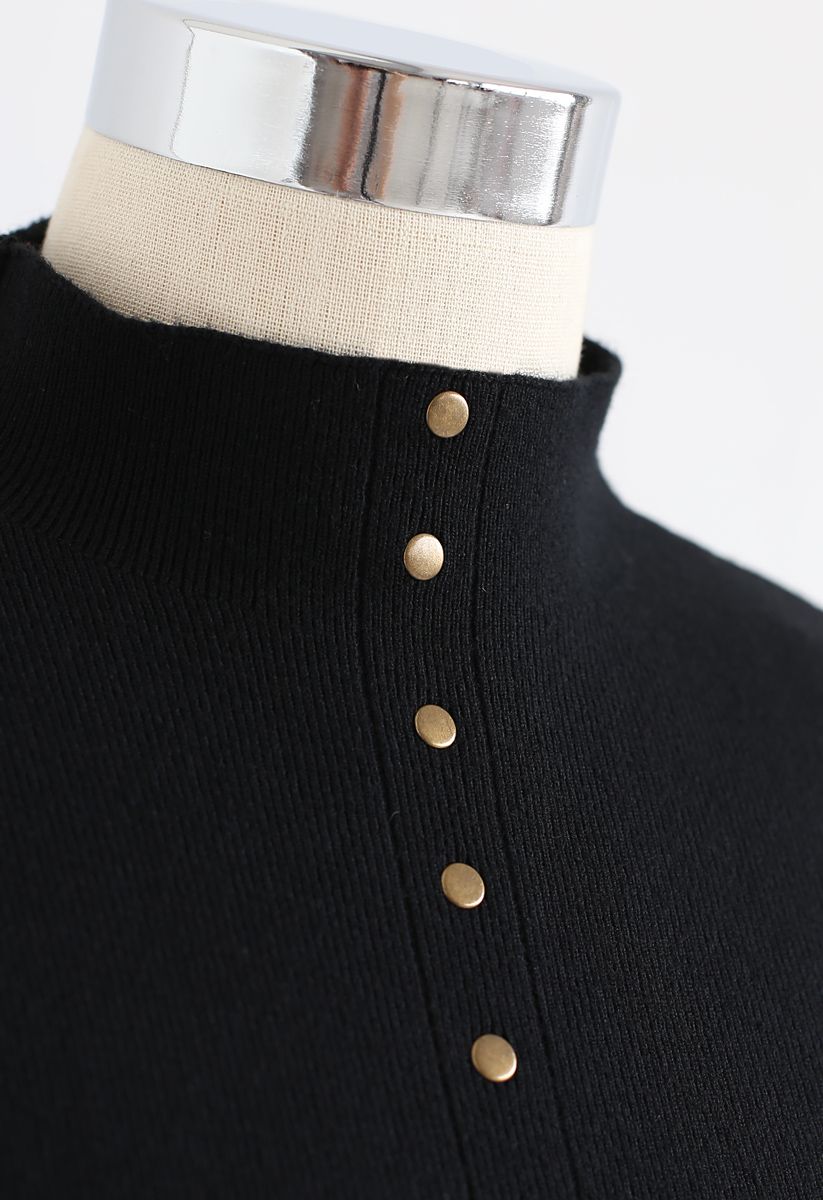 Haut boutonné en tricot ajusté à col montant en noir