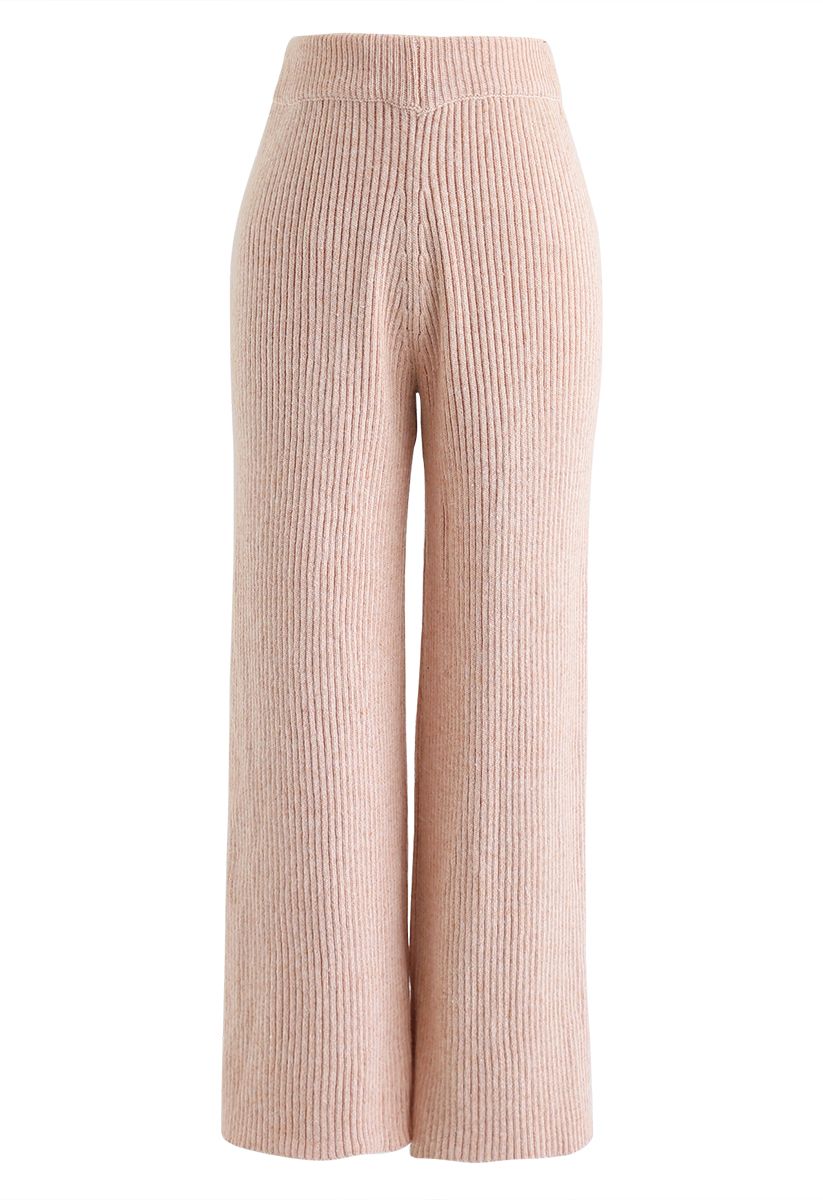Pantalon en tricot à jambe large et taille haute en blush