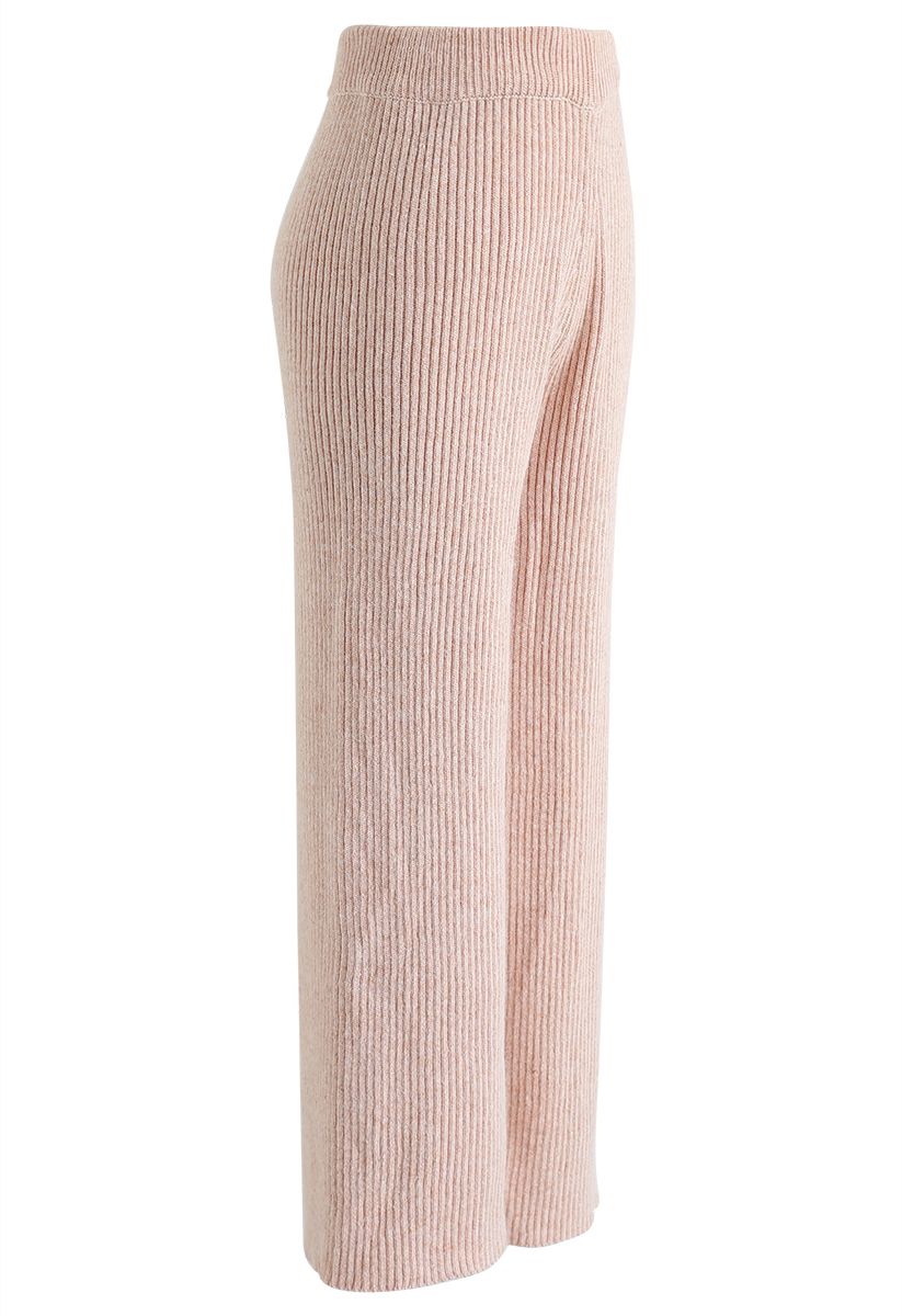 Pantalon en tricot à jambe large et taille haute en blush