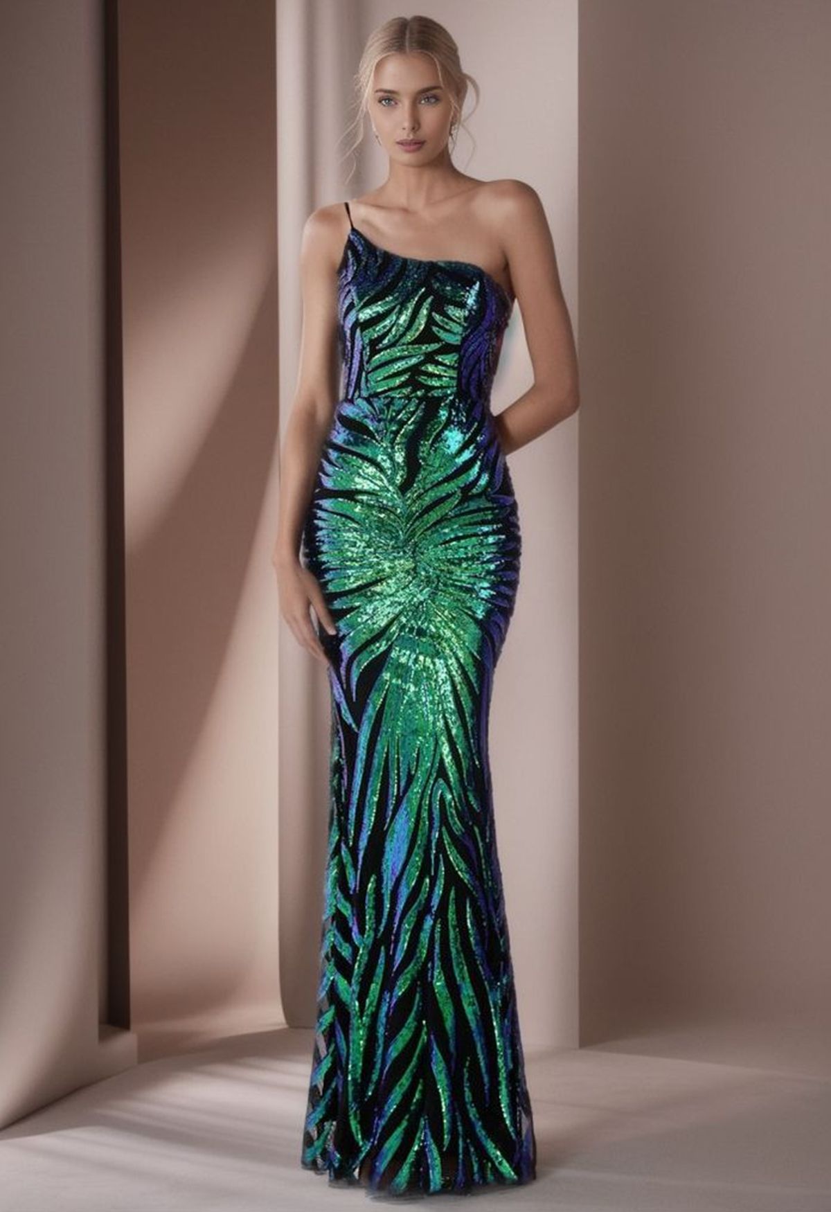 Robe sirène à sequins feuille à une épaule en vert