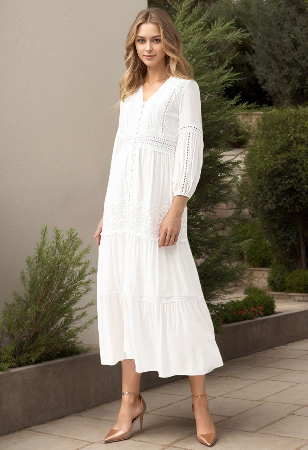 Robe Maxi Bohème Brodée au Crocheter Boutonnée en Blanc