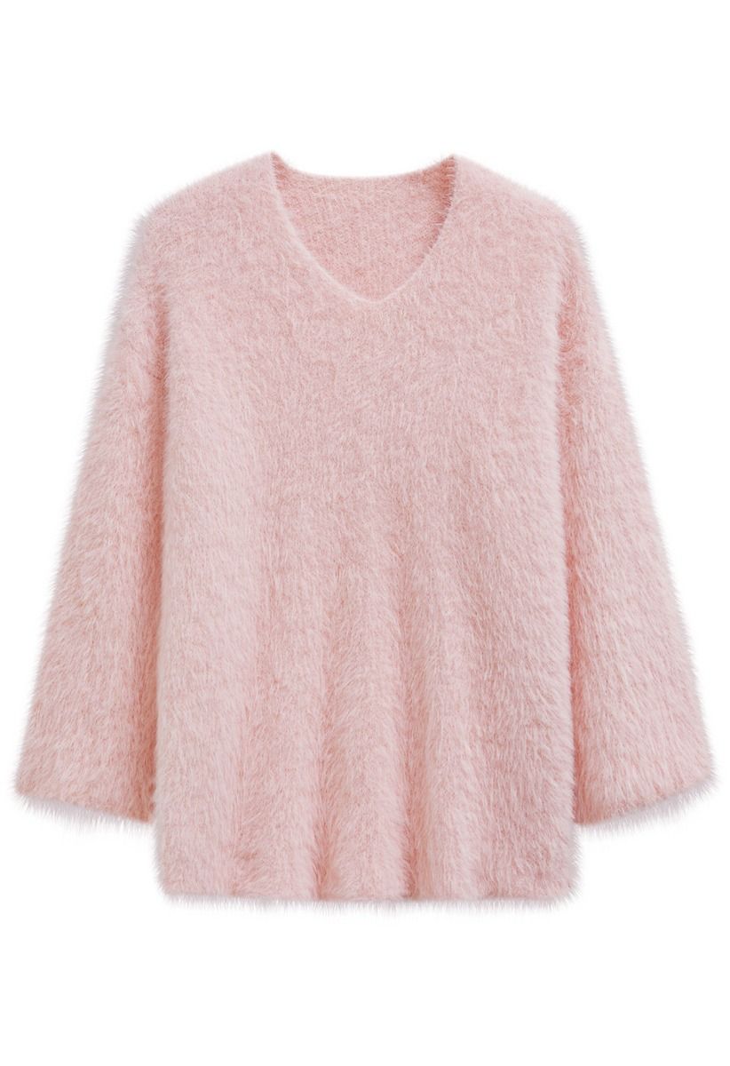 Pull en tricot moelleux à col en V en rose clair