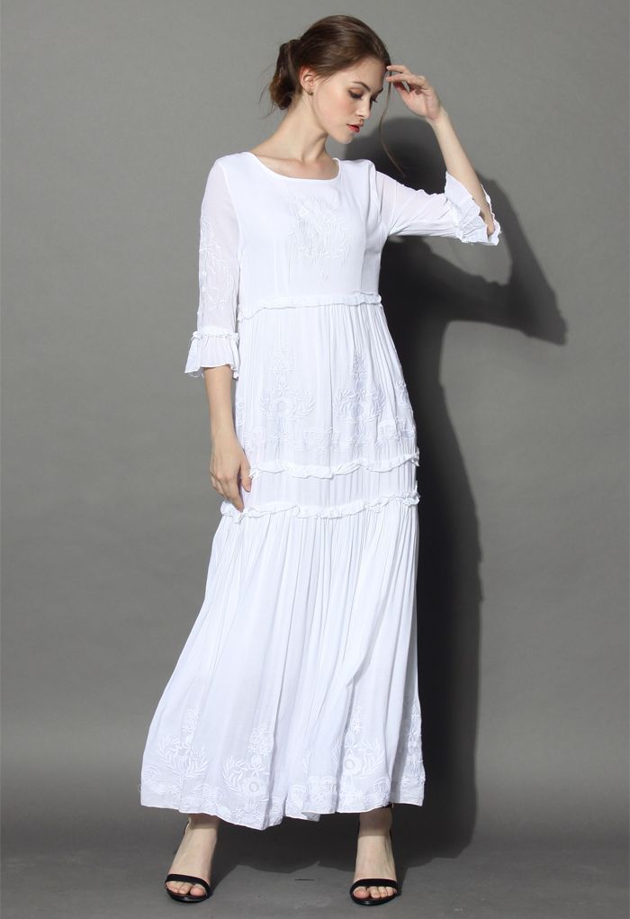 Grace de Vignette Robe Longue Brodée en Blanc