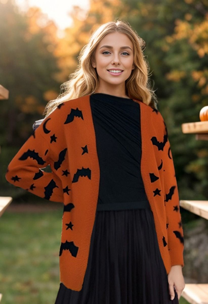 Cardigan ouvert en tricot à motif chauve-souris et étoiles au clair de lune en citrouille