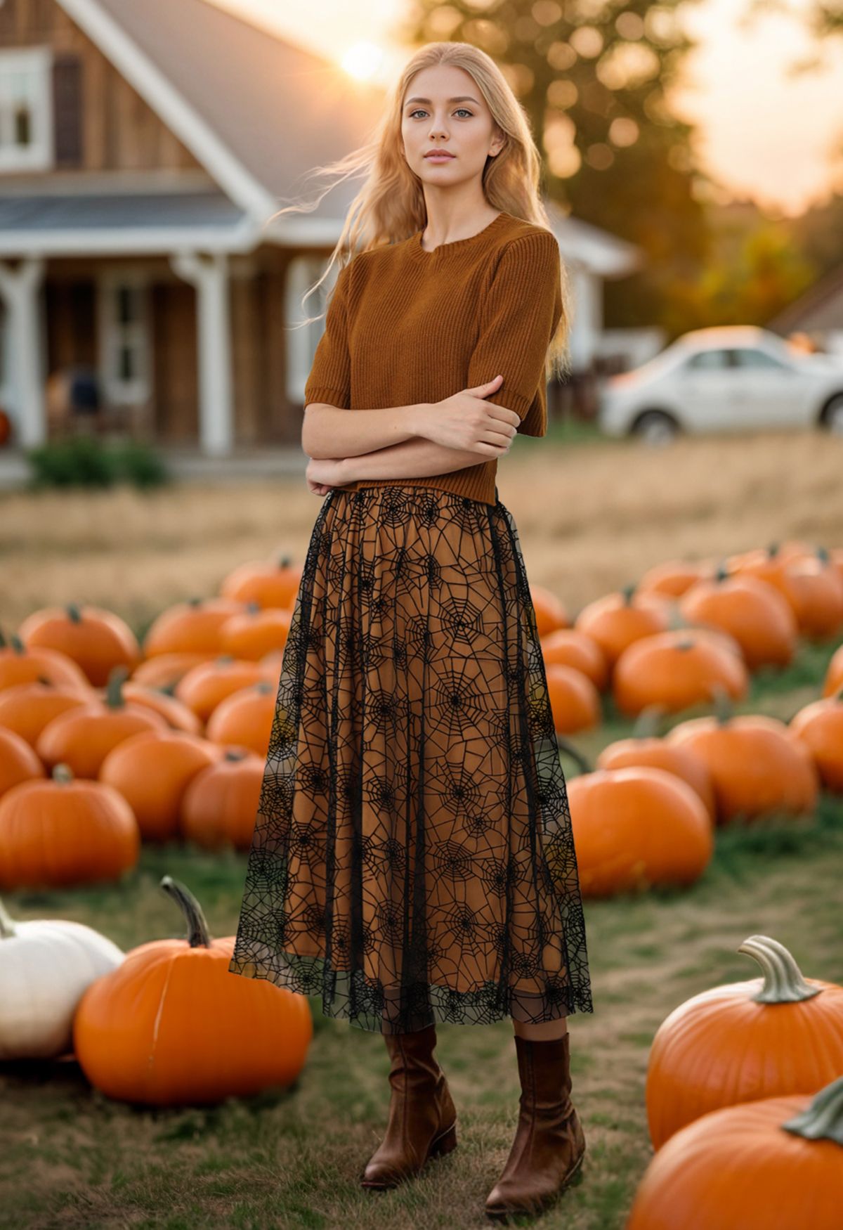 Jupe mi-longue en tulle et maille Cobweb Mystique en citrouille