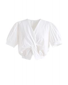 Twist Front V-Neck Cropped Top in White
