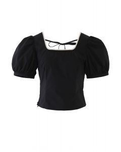 Pearl Trim Square Neck Puff Sleeves Top in Black
